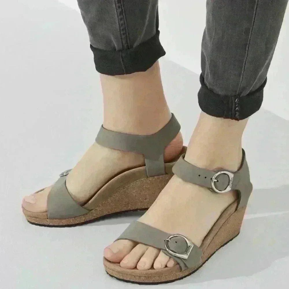 NEW Birkenstock Papillio Soley Nubuck Dove Gray Leather Wedge Sandals EU39 US8